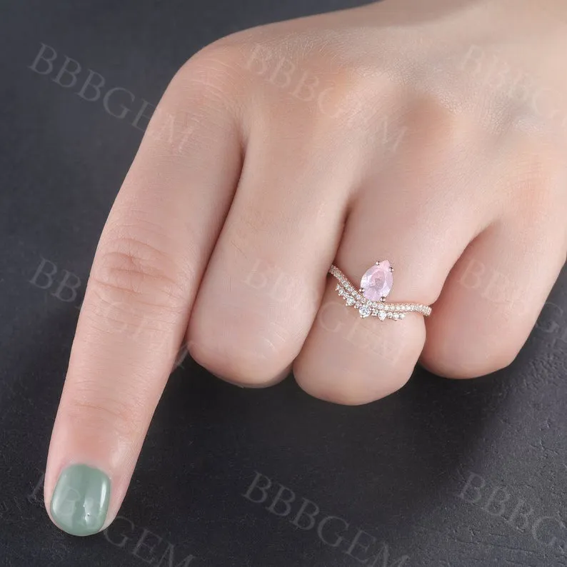 0.8CT Art Deco Pear Cut Rose Quartz Engagement Ring Diamond Wedding Band