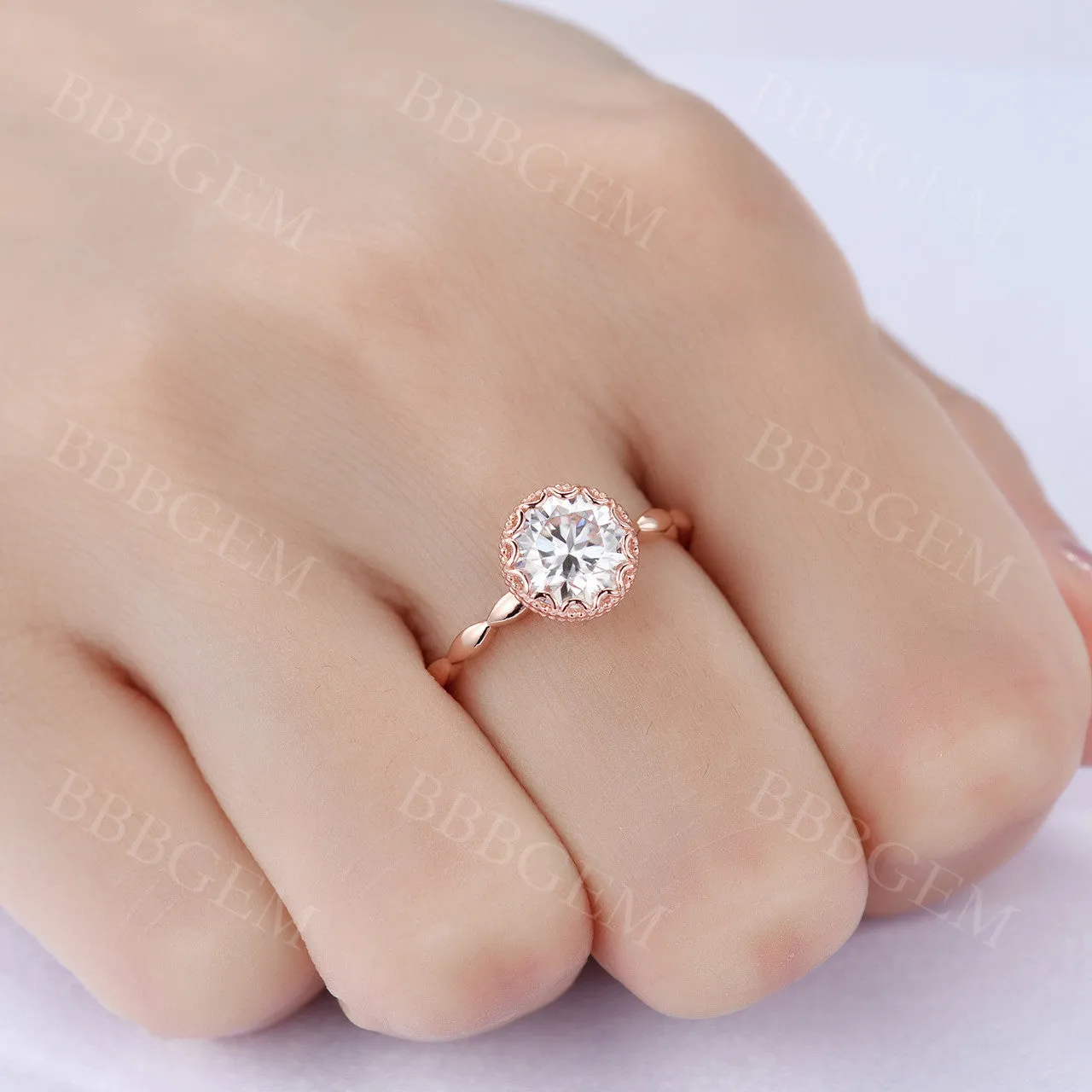 1.2 Carat Art Deco Moissanite Engagement Ring Round Cut Rose Gold