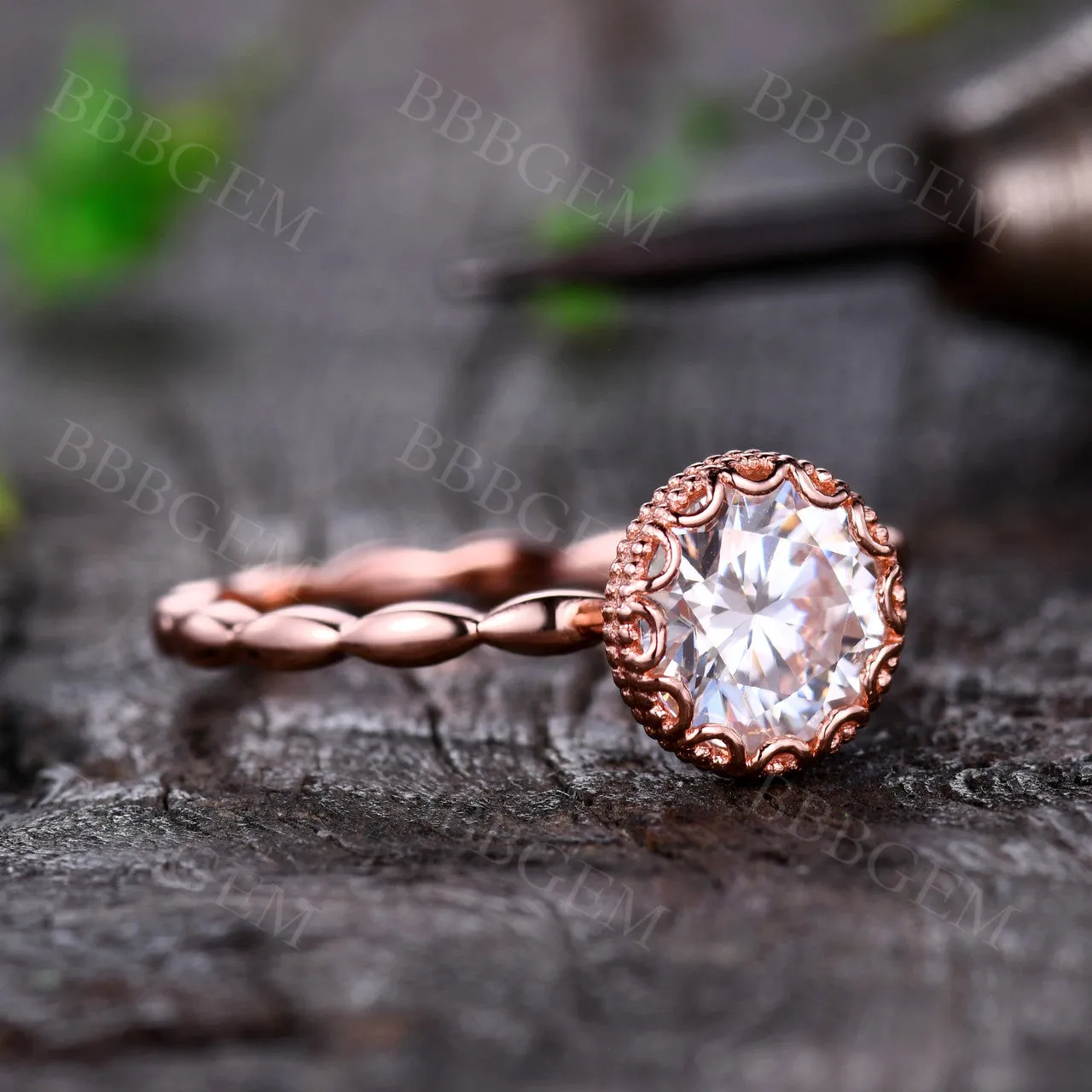 1.2 Carat Art Deco Moissanite Engagement Ring Round Cut Rose Gold