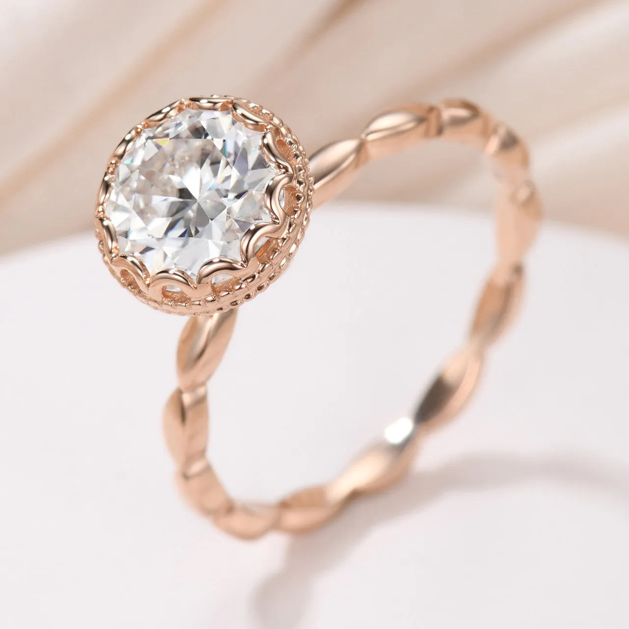 1.2 Carat Art Deco Moissanite Engagement Ring Round Cut Rose Gold