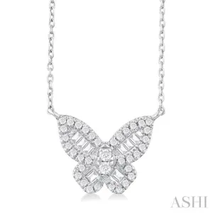 1/3 ctw Petite Butterfly Baguette and Round Cut Diamond Fashion Pendant With Chain in 14K White Gold