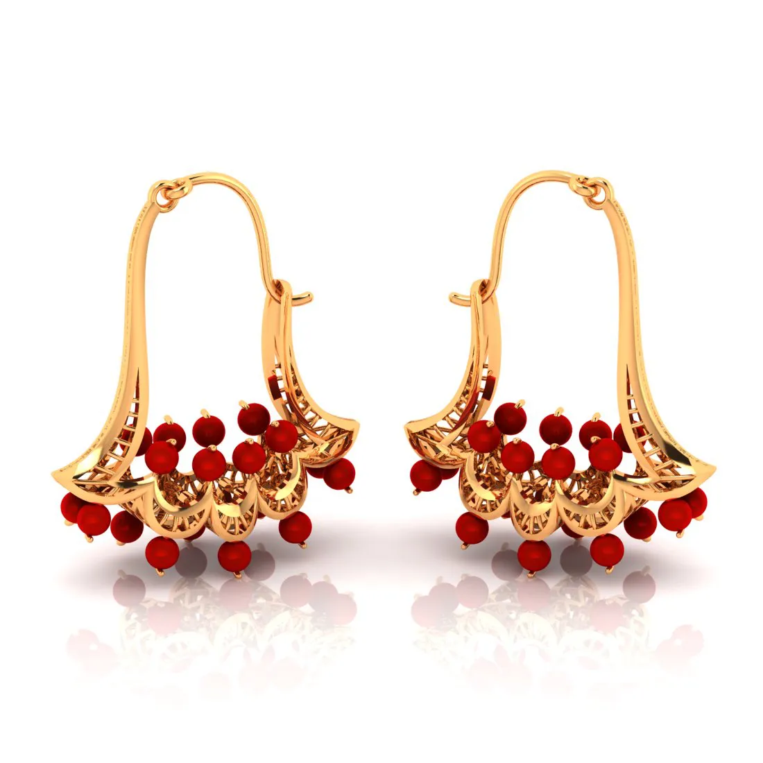 14k Floral Gold Earrings With Red Stones