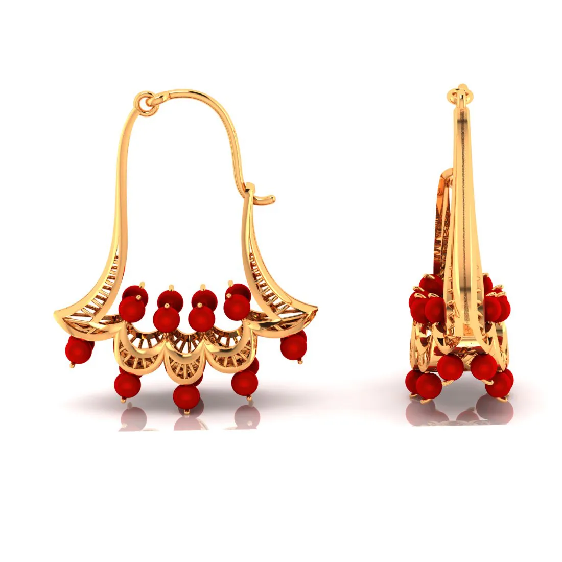 14k Floral Gold Earrings With Red Stones