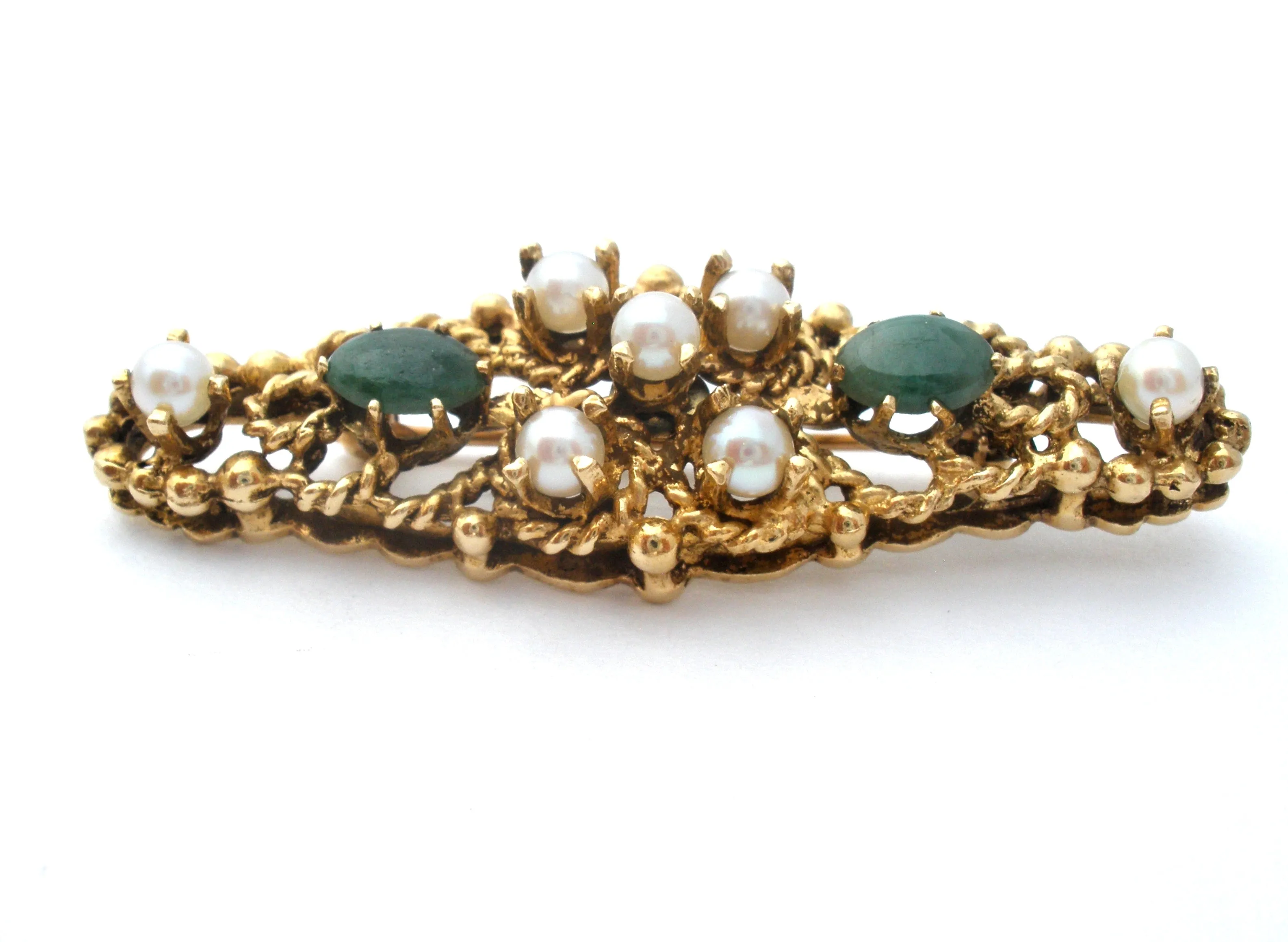 14K Gold Pearl & Jade Bar Pin Brooch