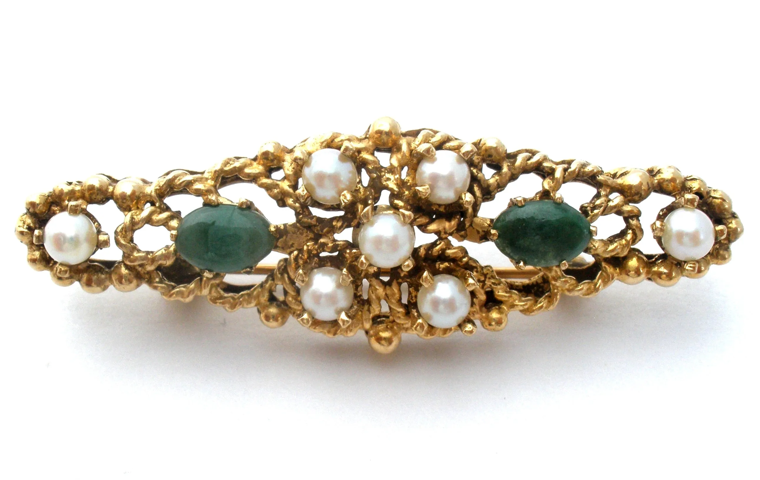 14K Gold Pearl & Jade Bar Pin Brooch