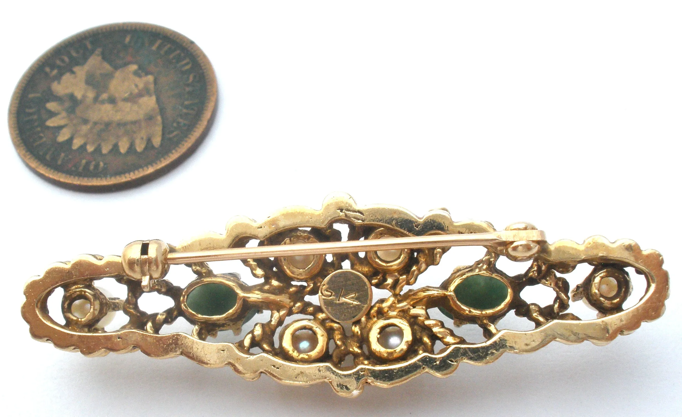 14K Gold Pearl & Jade Bar Pin Brooch