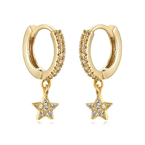 14K Gold Plated Small Hoop Earrings Sparkling CZ Charm Star Pendant Hoops Ear Jewelry for Women