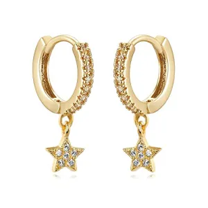 14K Gold Plated Small Hoop Earrings Sparkling CZ Charm Star Pendant Hoops Ear Jewelry for Women