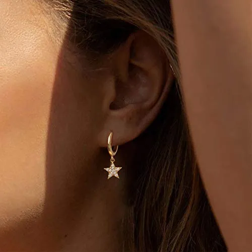 14K Gold Plated Small Hoop Earrings Sparkling CZ Charm Star Pendant Hoops Ear Jewelry for Women