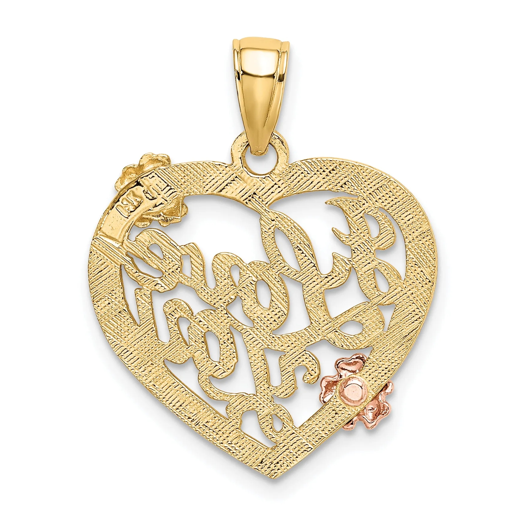 14k Two Tone Gold Rhodium I LOVE YOU Heart Flowers Pendant