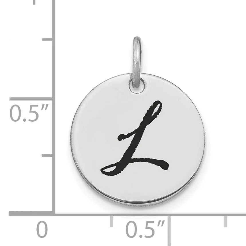 14k White Gold Polished Rhodium Black Epoxy Finish Letter L Initial Disk Shape Charm Pendant