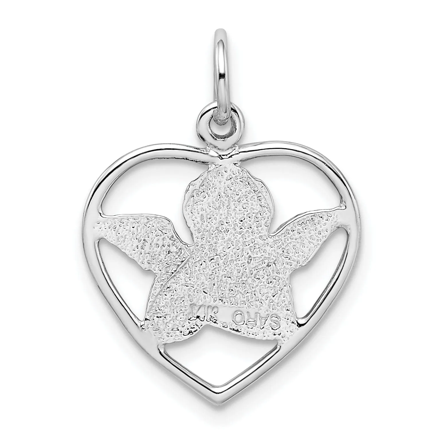 14k White Gold Satin D.C Finish Closed Back Angel in Heart Pendant