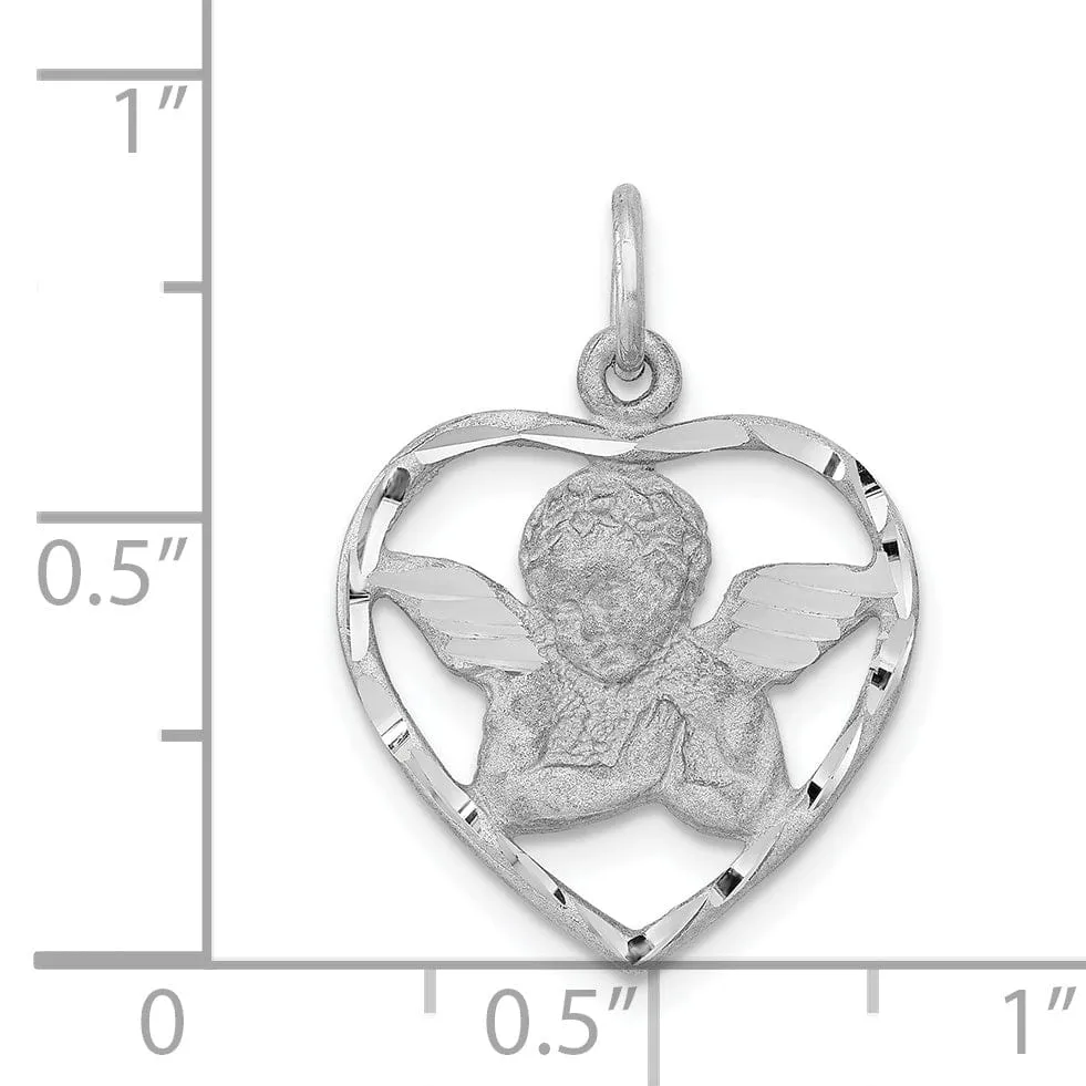 14k White Gold Satin D.C Finish Closed Back Angel in Heart Pendant