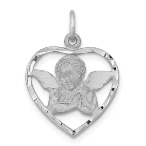 14k White Gold Satin D.C Finish Closed Back Angel in Heart Pendant