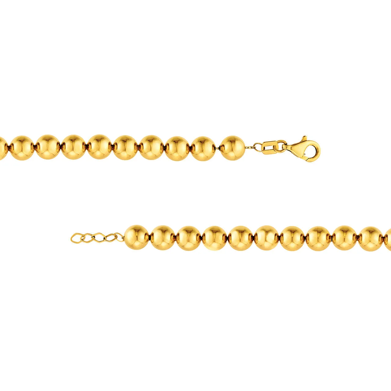 14k Yellow Gold 10mm Beaded Bracelet with Lobster Lock - with Extender 8 inches