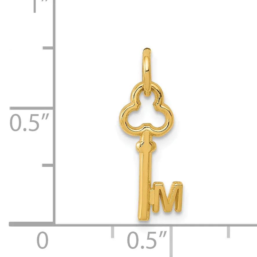 14K Yellow Gold Fancy Key Shape Design Letter M Initial Charm Pendant