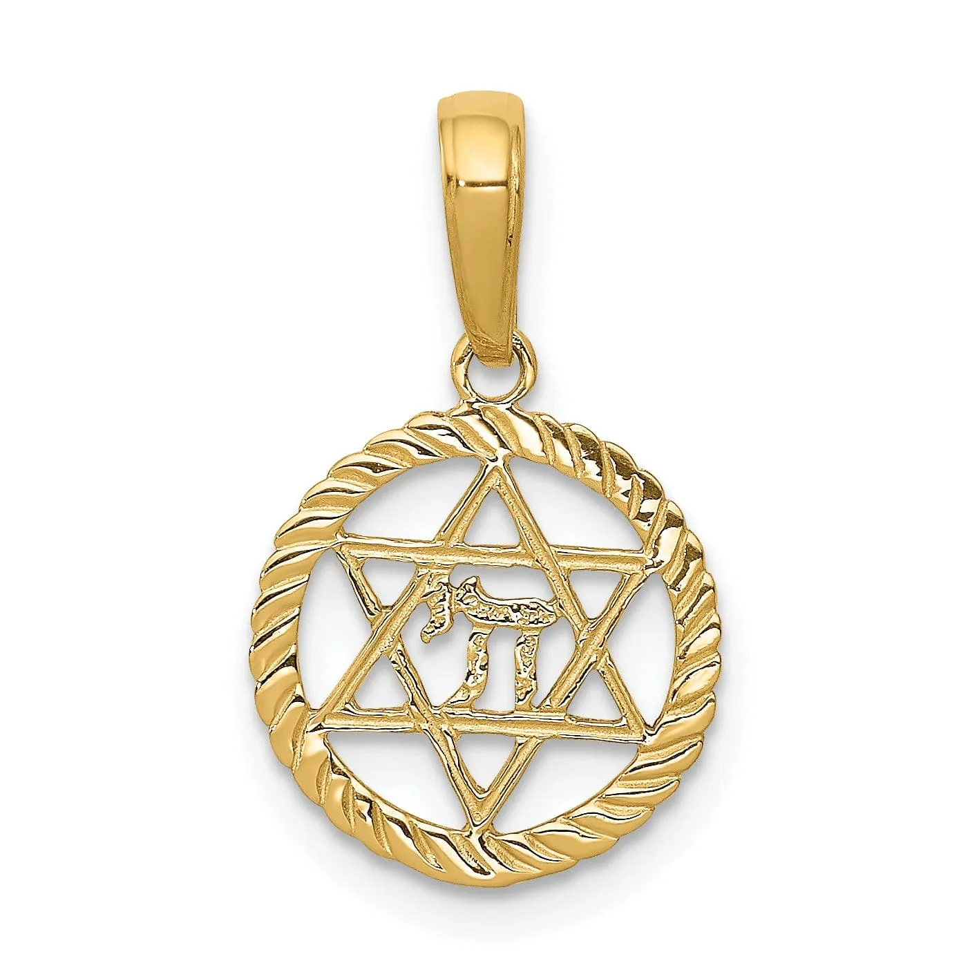 14K Yellow Gold Polish Star of David and Chai in Circle Frame Pendant