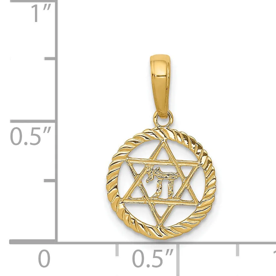 14K Yellow Gold Polish Star of David and Chai in Circle Frame Pendant