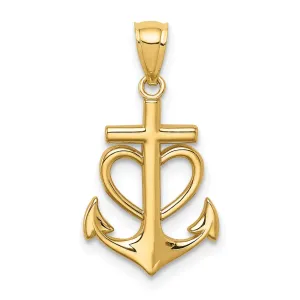 14K Yellow Gold Polished Finish Solid Anchor with Heart Design Pendant