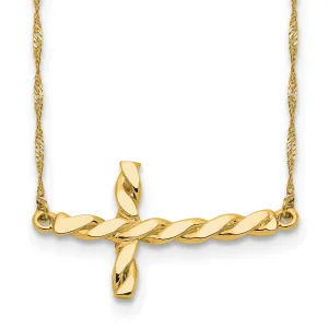 14k Yellow Gold Polished Finish Solid Twisted Sideways Cross Pendant Design in a 17-Inch Rope Chain Necklace Set