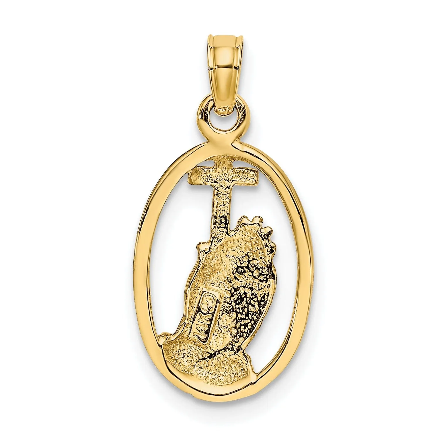 14K Yellow Gold Polished Praying Hands holding Cross In Oval Pendant