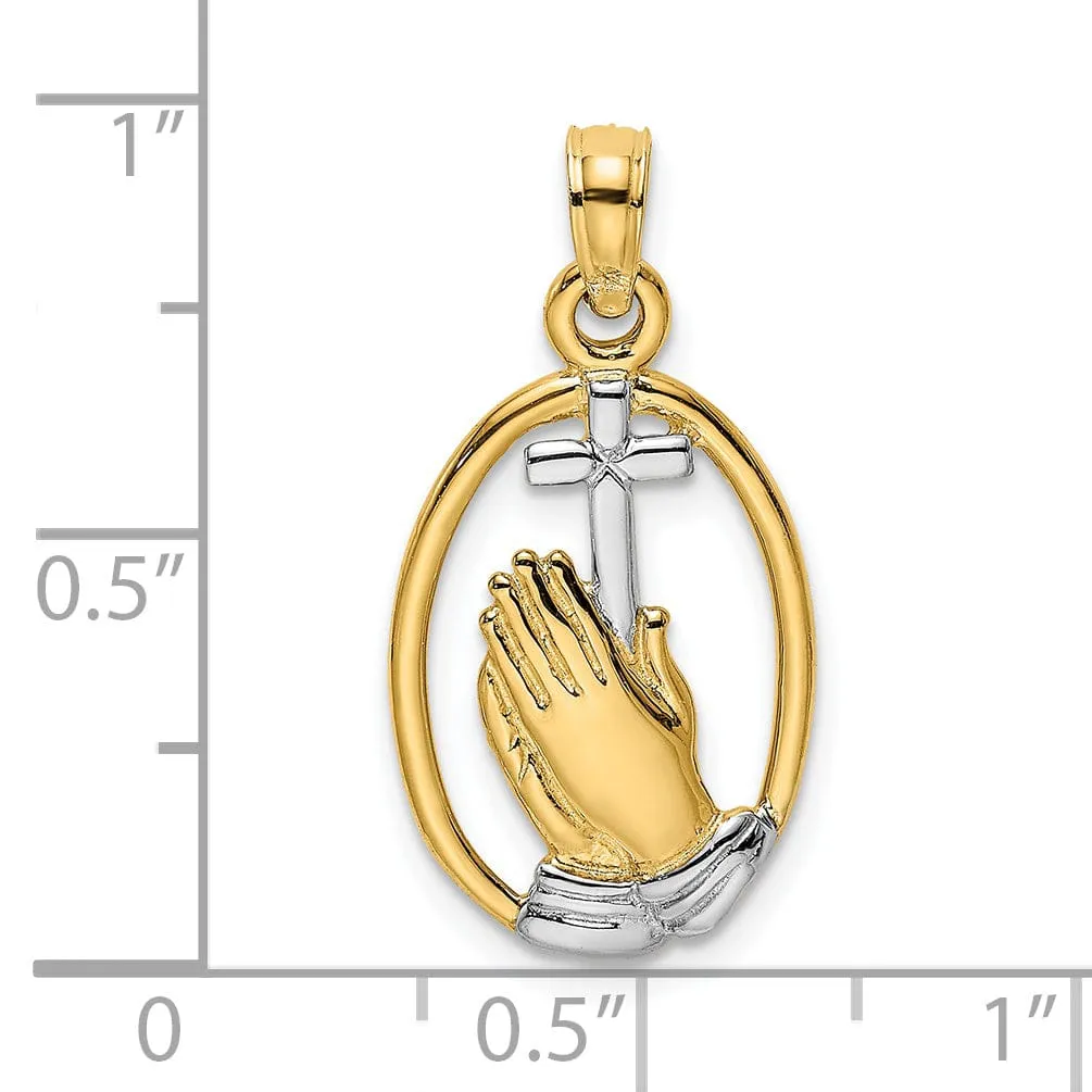 14K Yellow Gold Polished Praying Hands holding Cross In Oval Pendant