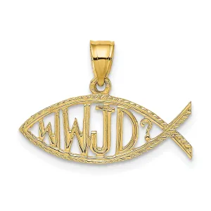 14K Yellow Gold Polished Texture Finish "WWJD" Ichthus Fish Pendant