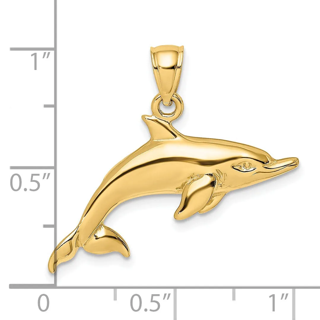 14k Yellow Gold Solid Casted Polished Finish Swimming Dolphin Charm Pendant