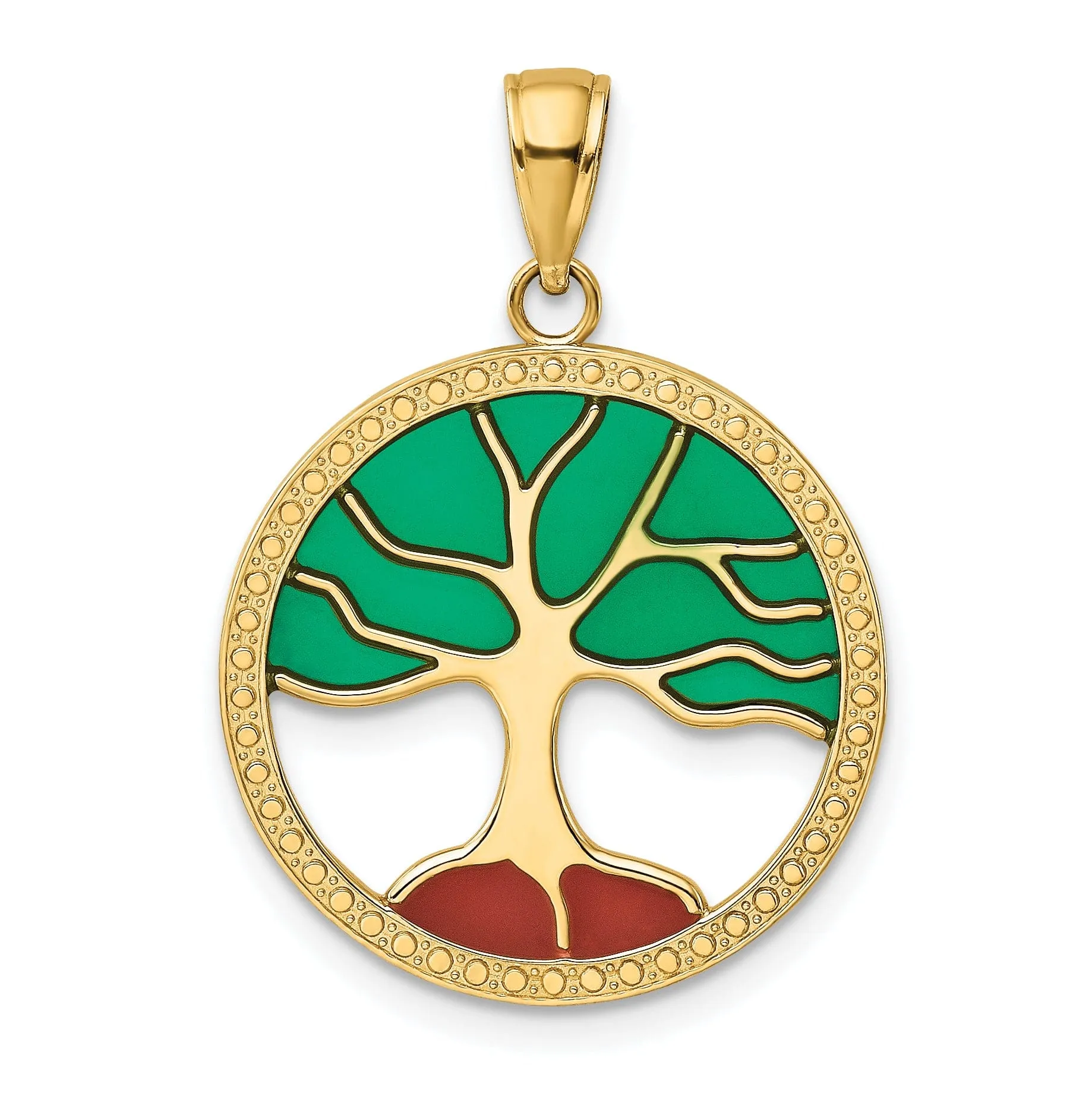 14K Yellow Gold Solid Enameled Polished Finish Round Design Tree of Life Pendant