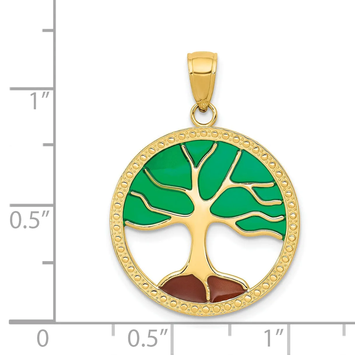 14K Yellow Gold Solid Enameled Polished Finish Round Design Tree of Life Pendant