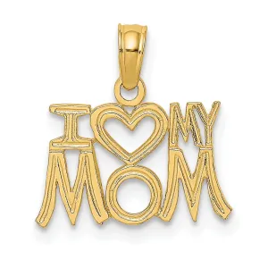 14K Yellow Gold Solid Polished Textured Finish Script Design I HEART MY MOM Charm Pendant