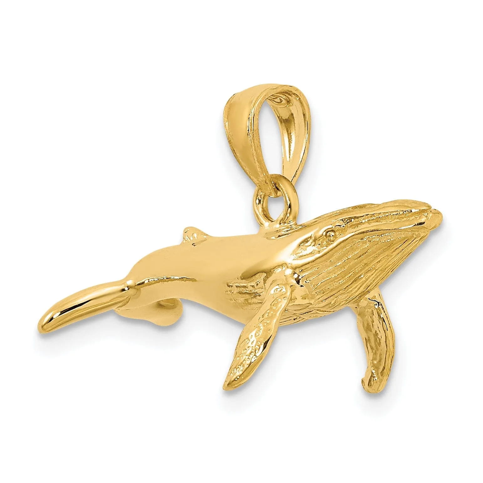 14K Yellow Gold Textured Solid Polished Finish 3-Dimensional Underside Humpback Whale Charm Pendant