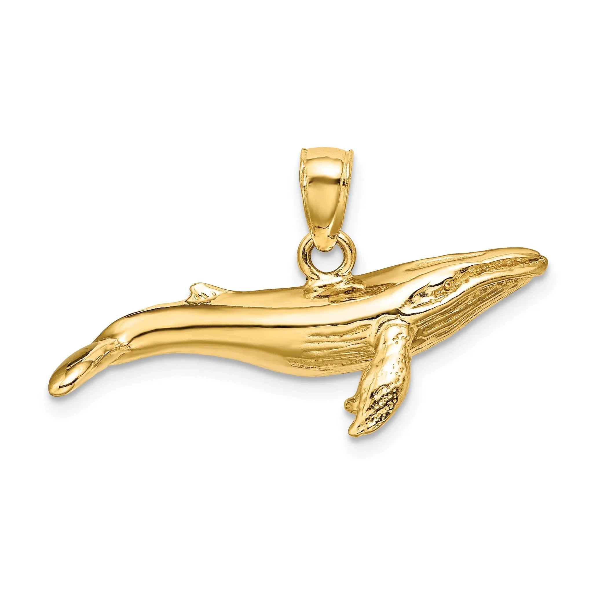 14K Yellow Gold Textured Solid Polished Finish 3-Dimensional Underside Humpback Whale Charm Pendant