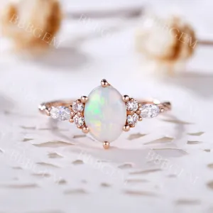 1.5CT Unique White Fire Opal Engagement Ring Twist Rose Gold Wedding Band