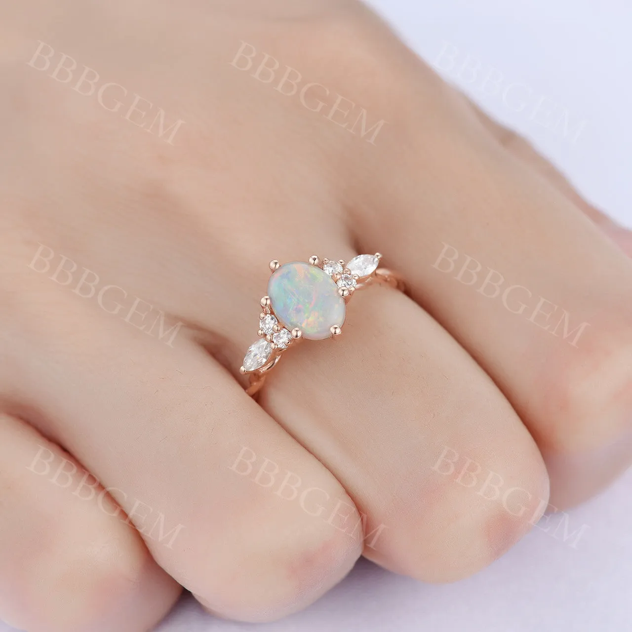 1.5CT Unique White Fire Opal Engagement Ring Twist Rose Gold Wedding Band