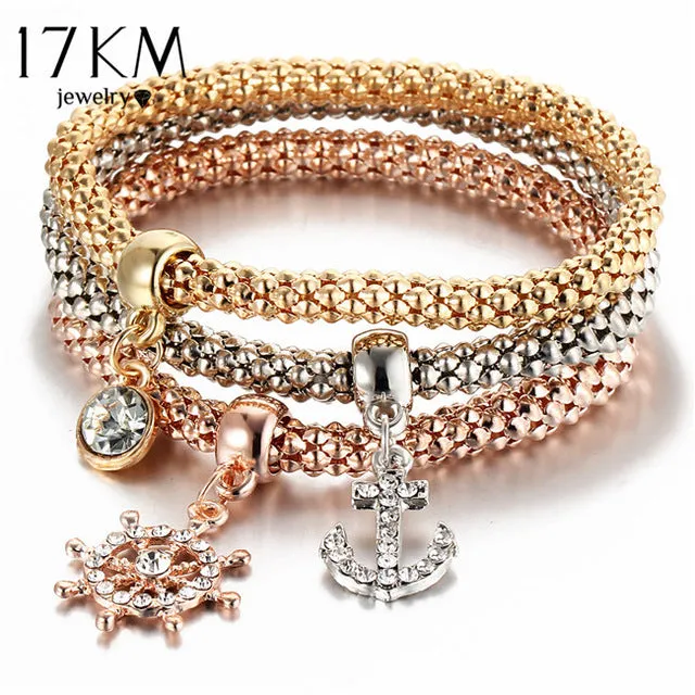 17KM 2017 HOT 3 PCS/Set Crystal Butterful Bracelet & Bangle Multiple Shape Elastic Heart Bracelets For Women pulseira masculina