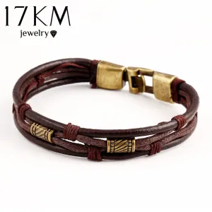 17KM Genuine Leather Women Man Bracelets Unisex Casual/Sporty Multi-Layer Alloy Hook Link Chain Christmas Holiday Bracelet