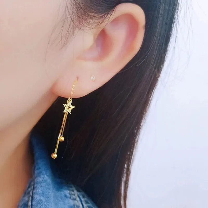 18k Yellow Gold Star Tassel Drop Earrings