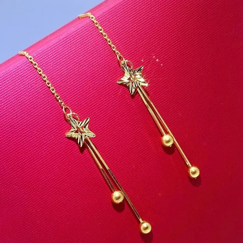 18k Yellow Gold Star Tassel Drop Earrings