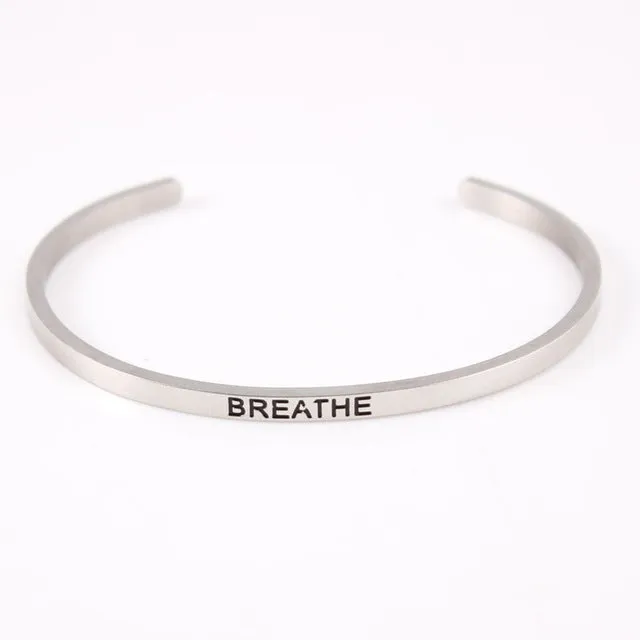 2017 New Stainless Steel Engraved Positive Inspirational Quote Hand Stamped Cuff Mantra Bracelet Bangle For Women Best Gifts