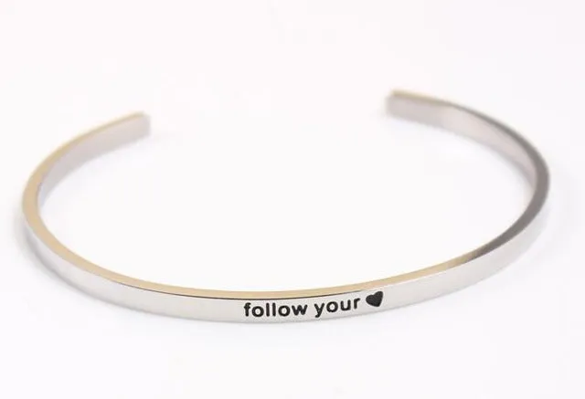 2017 New Stainless Steel Engraved Positive Inspirational Quote Hand Stamped Cuff Mantra Bracelet Bangle For Women Best Gifts