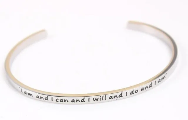 2017 New Stainless Steel Engraved Positive Inspirational Quote Hand Stamped Cuff Mantra Bracelet Bangle For Women Best Gifts