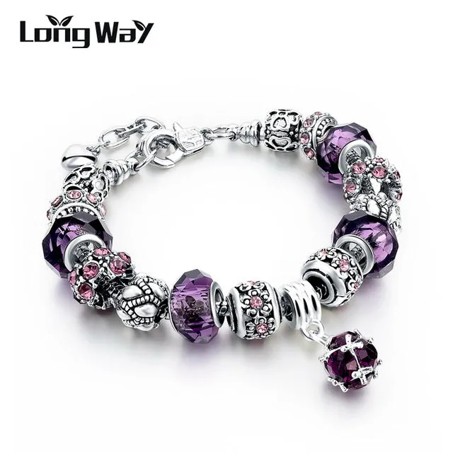 2017 Silver Charm Bracelets Christmas gift For Women With Crystal Beads Bracelets & Bangles Pulseras DIY Jewelry SBR160037