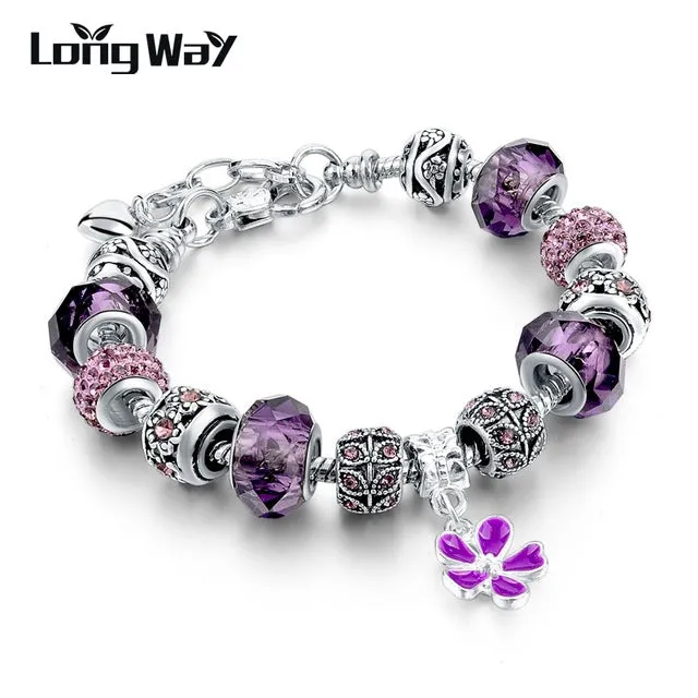 2017 Silver Charm Bracelets Christmas gift For Women With Crystal Beads Bracelets & Bangles Pulseras DIY Jewelry SBR160037