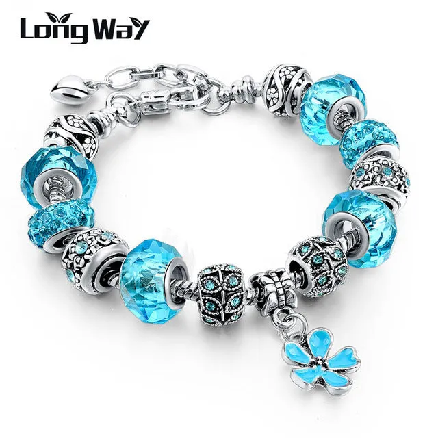 2017 Silver Charm Bracelets Christmas gift For Women With Crystal Beads Bracelets & Bangles Pulseras DIY Jewelry SBR160037