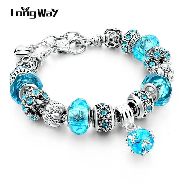 2017 Silver Charm Bracelets Christmas gift For Women With Crystal Beads Bracelets & Bangles Pulseras DIY Jewelry SBR160037