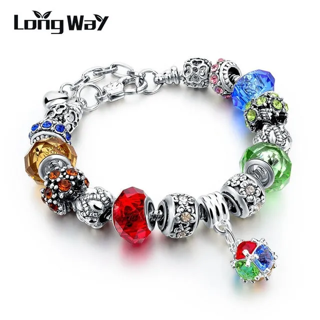 2017 Silver Charm Bracelets Christmas gift For Women With Crystal Beads Bracelets & Bangles Pulseras DIY Jewelry SBR160037