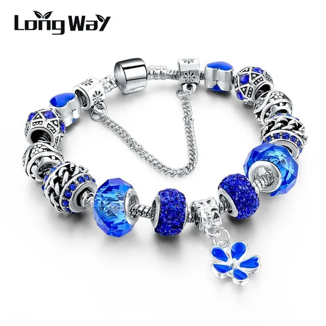 2017 Silver Charm Bracelets Christmas gift For Women With Crystal Beads Bracelets & Bangles Pulseras DIY Jewelry SBR160037