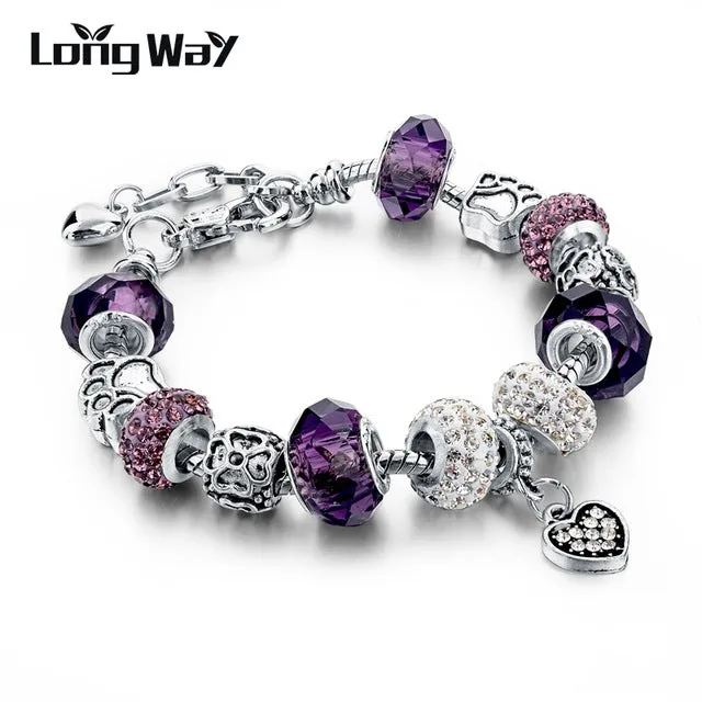 2017 Silver Charm Bracelets Christmas gift For Women With Crystal Beads Bracelets & Bangles Pulseras DIY Jewelry SBR160037