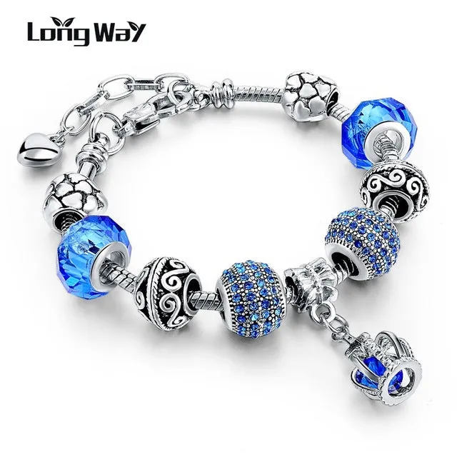 2017 Silver Charm Bracelets Christmas gift For Women With Crystal Beads Bracelets & Bangles Pulseras DIY Jewelry SBR160037